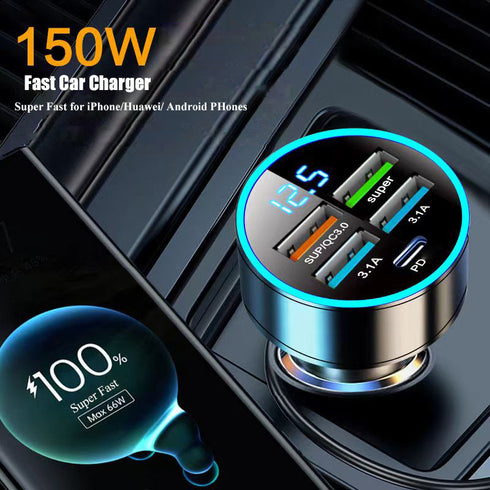 Chargeur Voiture 150W USB-C PD Rapide 5 Ports - Allume Cigare iPhone 15 Samsung S24 - Prix Imbattable